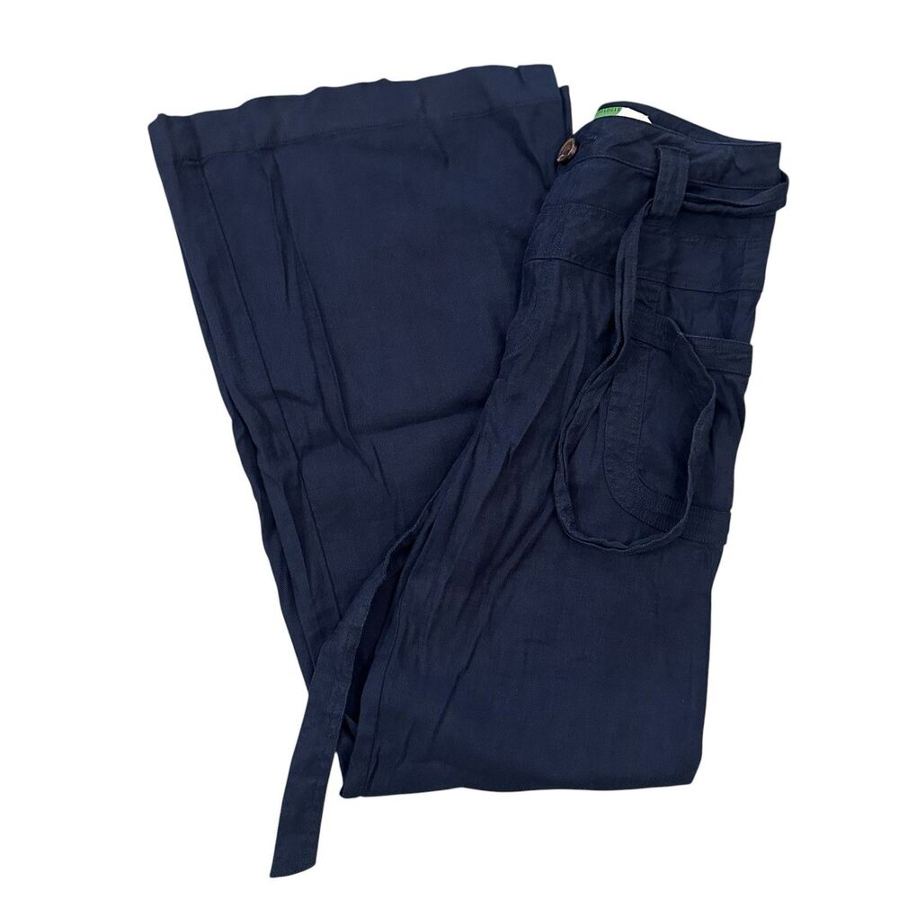 Anthropologie Pants Wide Leg Linen Blend Belted Women’s 26 X 32 Blue Stretch